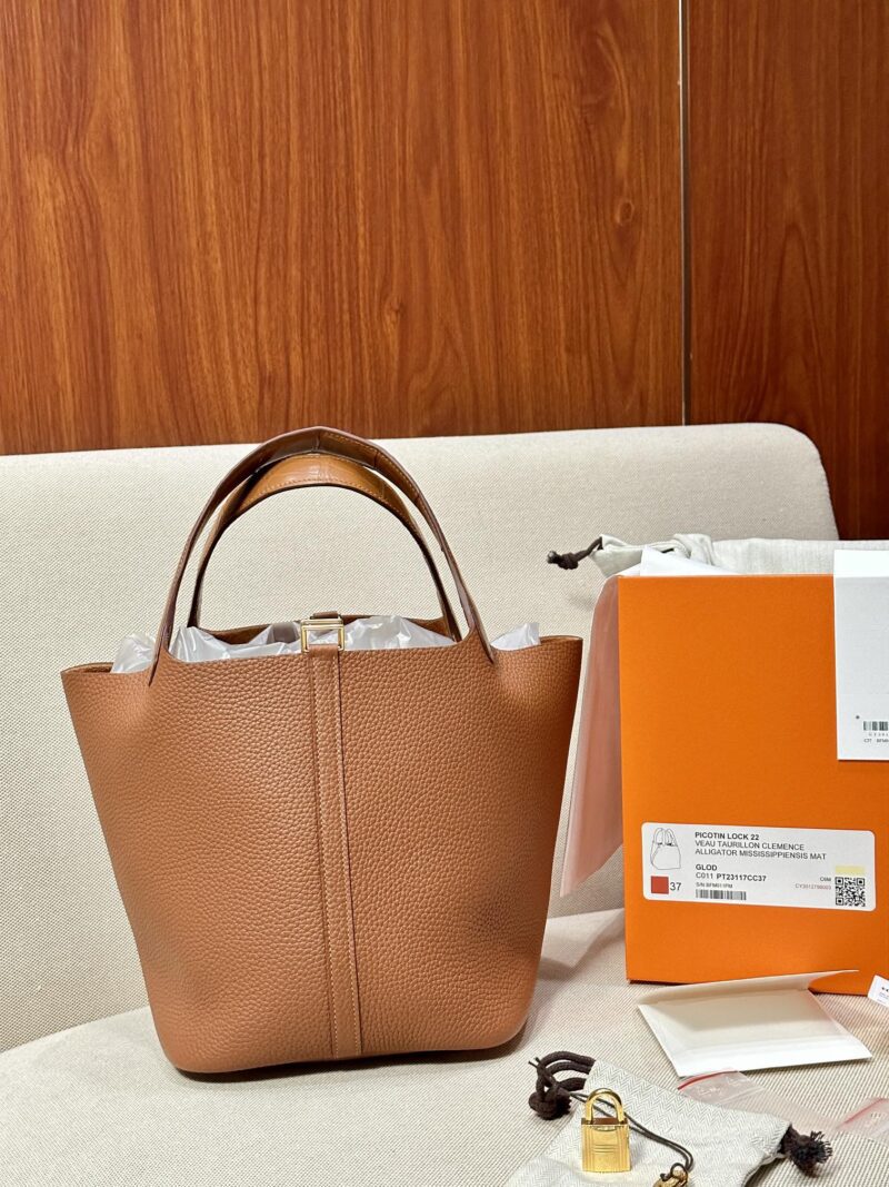 Hermès Picotin 22 Taurillon Clemence & Crocodile Gold Gold Hardware - Image 2