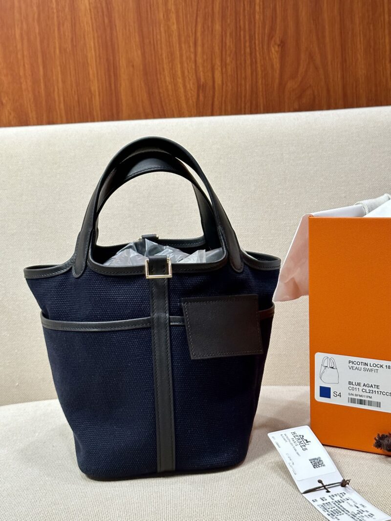Hermès Picotin Cargo 18 Canvas & Leather Deep Blue & Noir Gold Hardware
