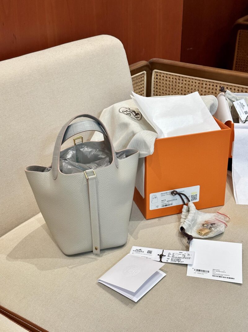 Hermès Picotin Touch 18 Taurillon Clemence & Matte Alligator Gris Pearl Gold Hardware