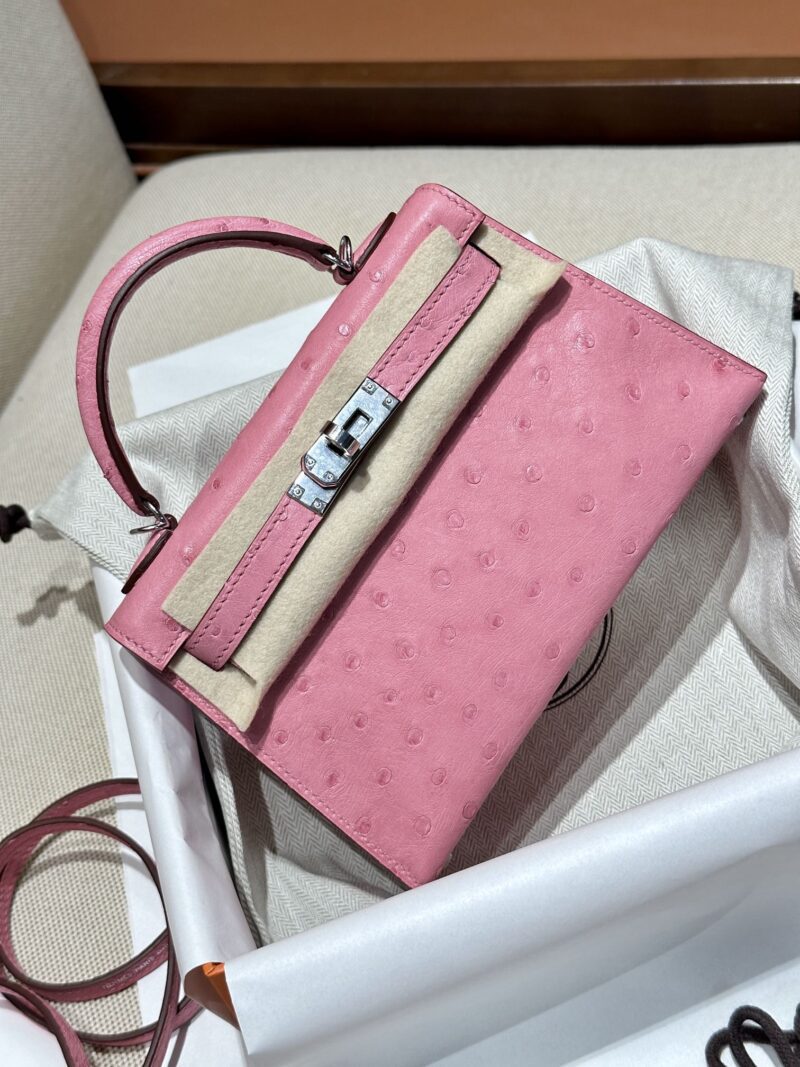 Hermès Mini Kelly Ostrich Rose Bubble Silver Hardware - Image 2