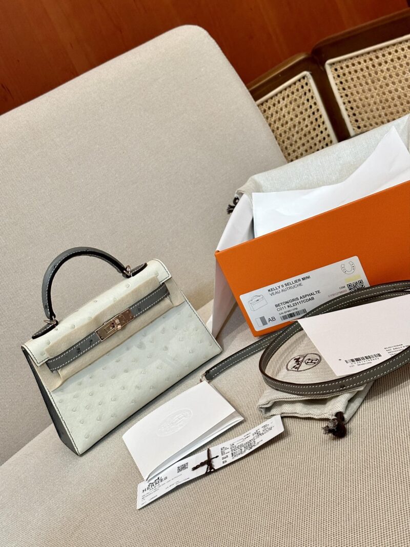 Hermès Mini Kelly 19 Ostrich Beton & Gris Asphalt Gold Hardware - Image 4