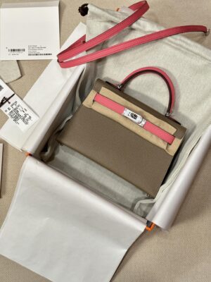 Hermès Mini Kelly Epsom Etoupe & Rose Azalee Silver Hardware