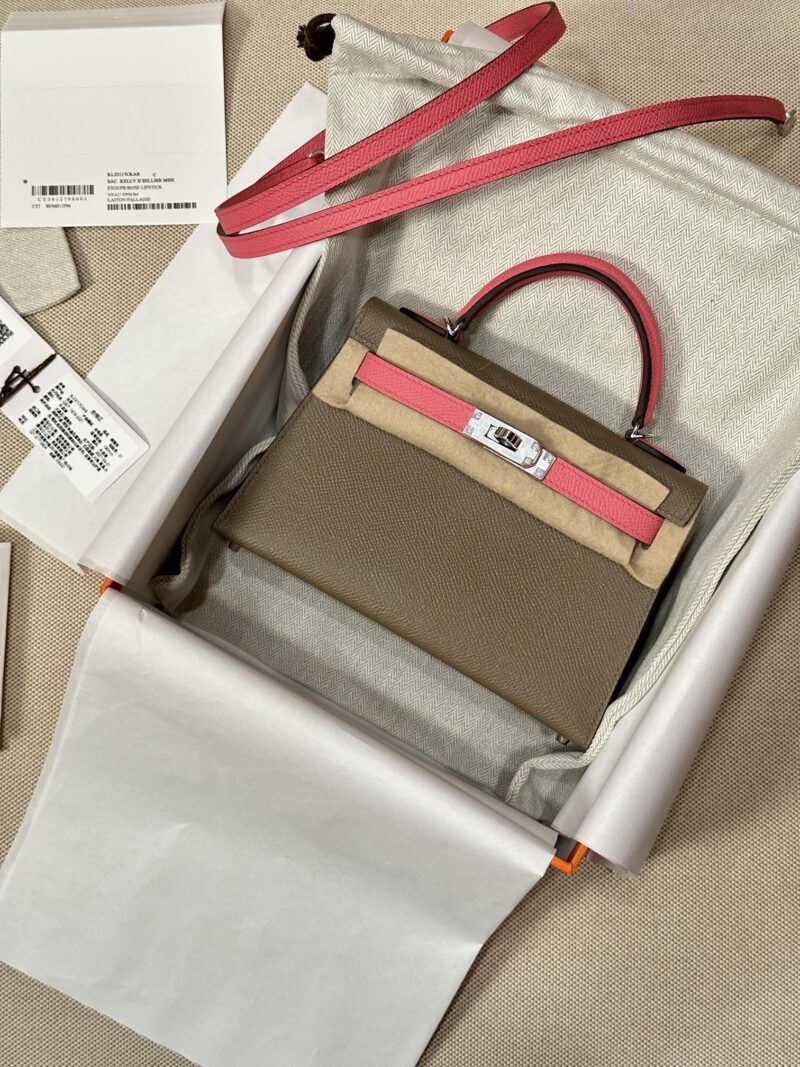 Hermès Mini Kelly Epsom Etoupe & Rose Azalee Silver Hardware