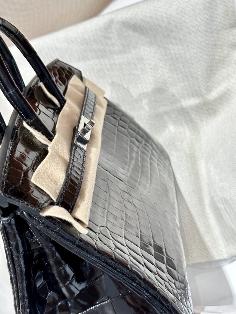 Hermès Birkin 25 Noir, Silver Shiny Crocodile Palladium Hardware - Image 4