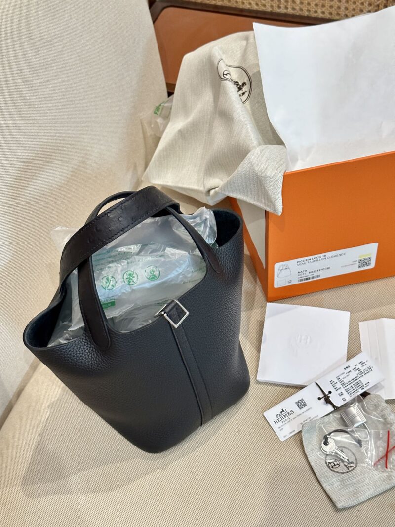 Hermès Picotin Touch 18 Taurillon Clemence & Ostrich Noir Silver Hardware - Image 6