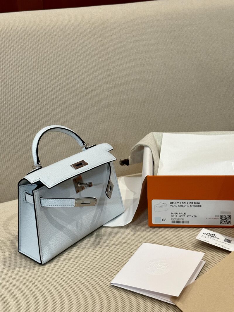 Hermès Mini Kelly Chevre Blue Pale Silver Hardware - Image 4