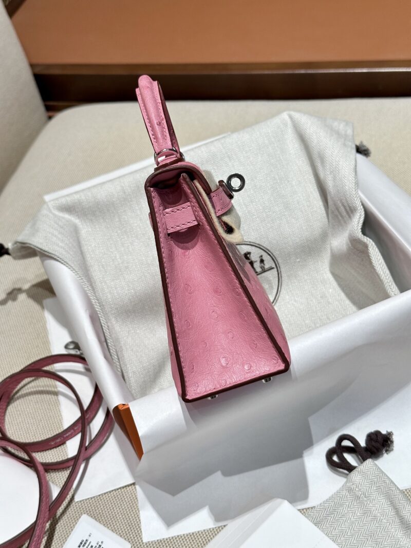 Hermès Mini Kelly Ostrich Rose Bubble Silver Hardware - Image 4