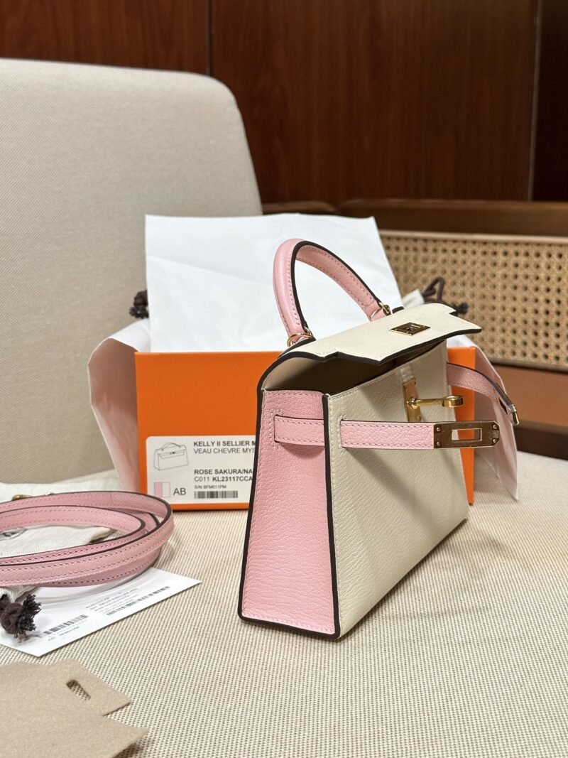 Hermès Mini Kelly 19 Chevre Nata & Rose Sakura Gold Hardware - Image 5