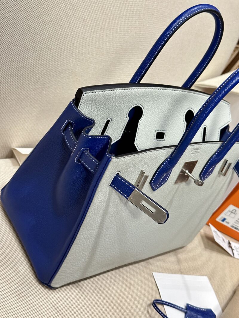 Hermès Birkin 30 Gris Pearl, Blue Electric Chevre Palladium Hardware