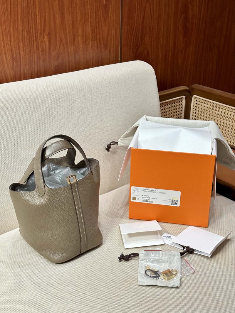 Hermès Picotin Touch 18 Taurillon Clemence & Crocodile Etoupe Gold Hardware