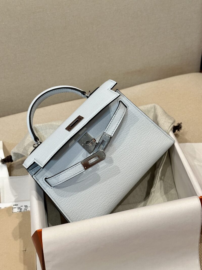 Hermès Mini Kelly Chevre Blue Pale Silver Hardware - Image 5