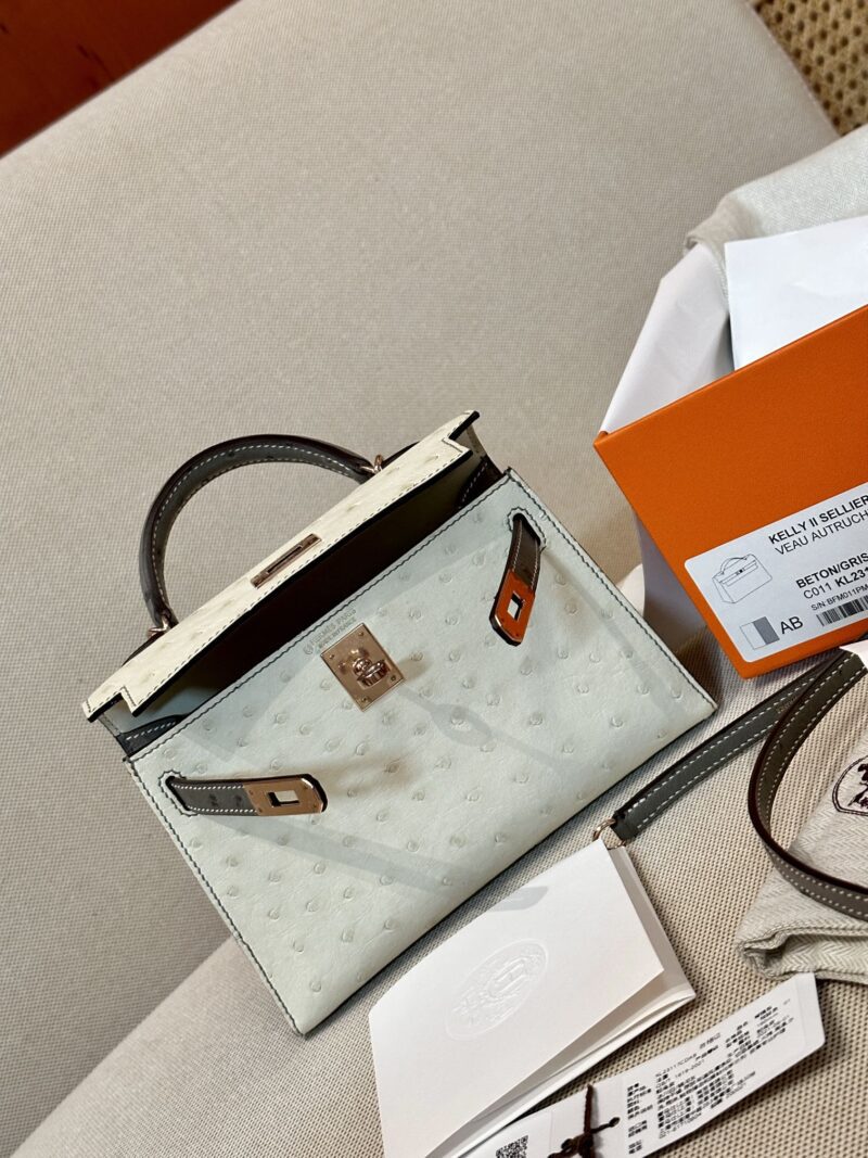Hermès Mini Kelly 19 Ostrich Beton & Gris Asphalt Gold Hardware - Image 10