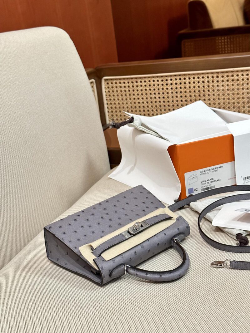 Hermès Mini Kelly 19 Ostrich Gris Agate Silver Hardware - Image 8