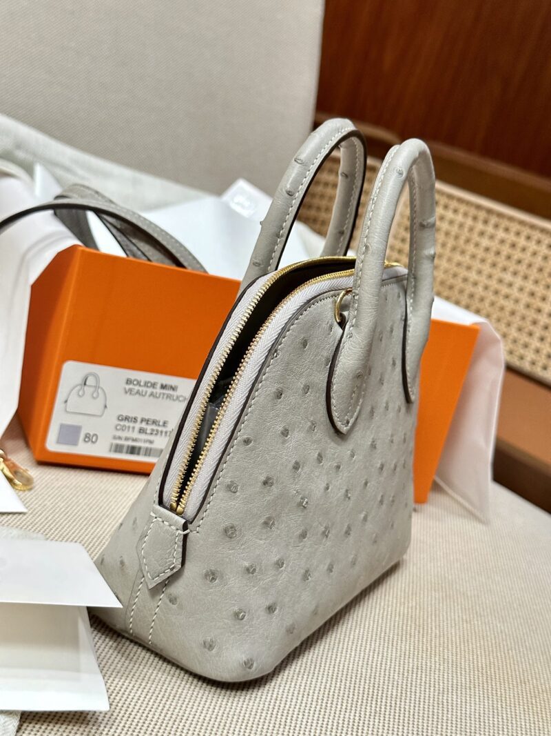 Hermès Mini Bolide 18 Ostrich Gris Pearl Gold Hardware