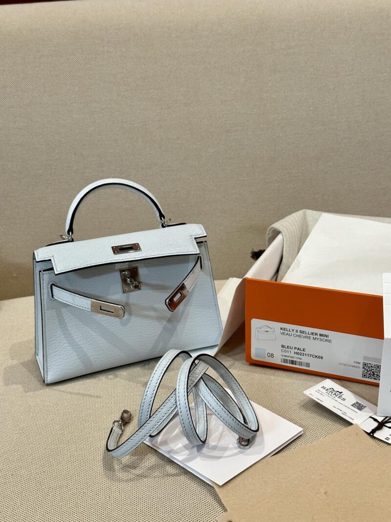 Hermès Mini Kelly Chevre Blue Pale Silver Hardware - Image 6