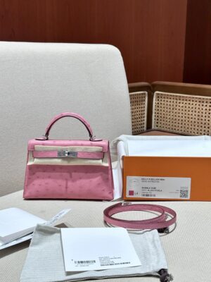 Hermès Mini Kelly Ostrich Rose Bubble Silver Hardware