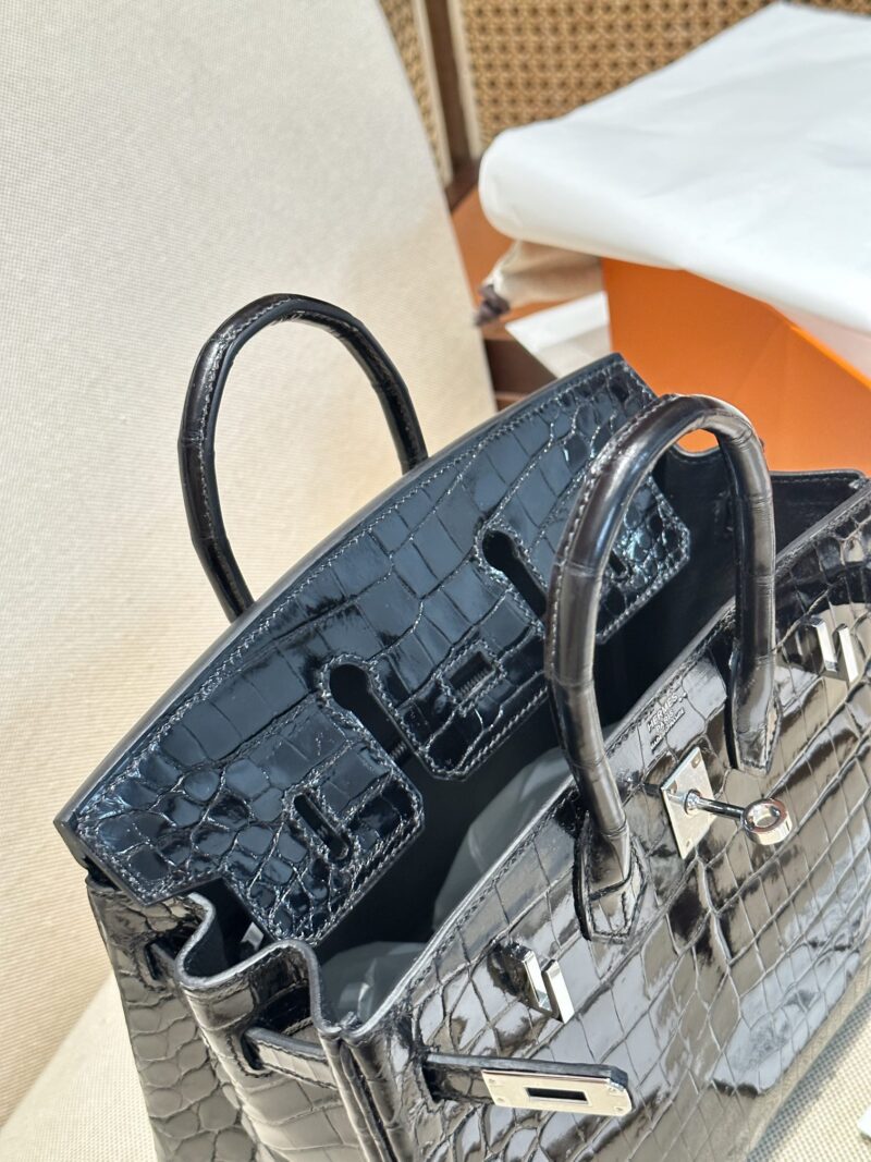 Hermès Birkin 25 Noir, Silver Shiny Crocodile Palladium Hardware - Image 6