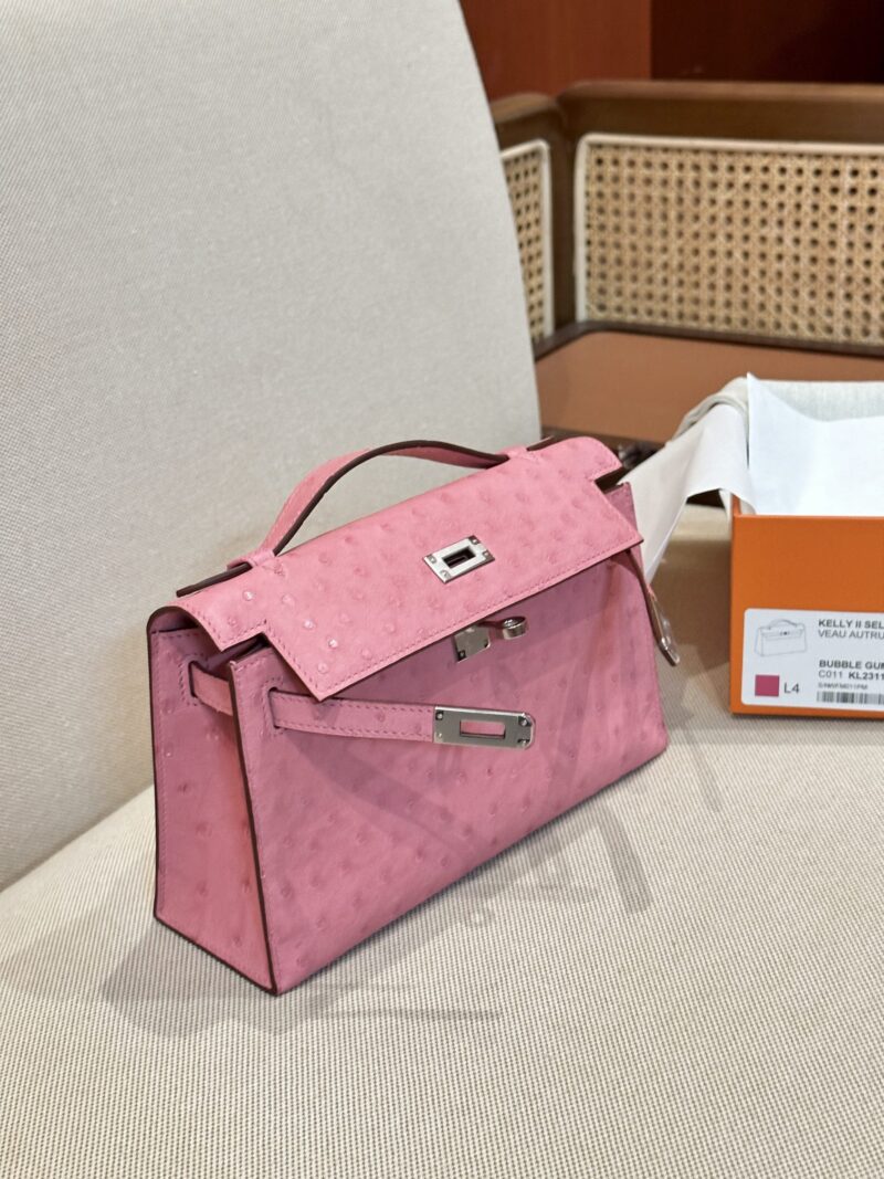 Hermès Kelly Pochette Rose Bubble Ostrich Palladium Hardware
