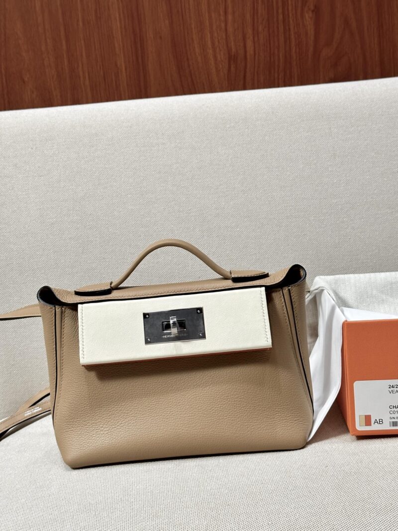 Hermès Mini Kelly 2424 Evercolor & Swift Chai & Nata & Potiron Silver Hardware - Image 4