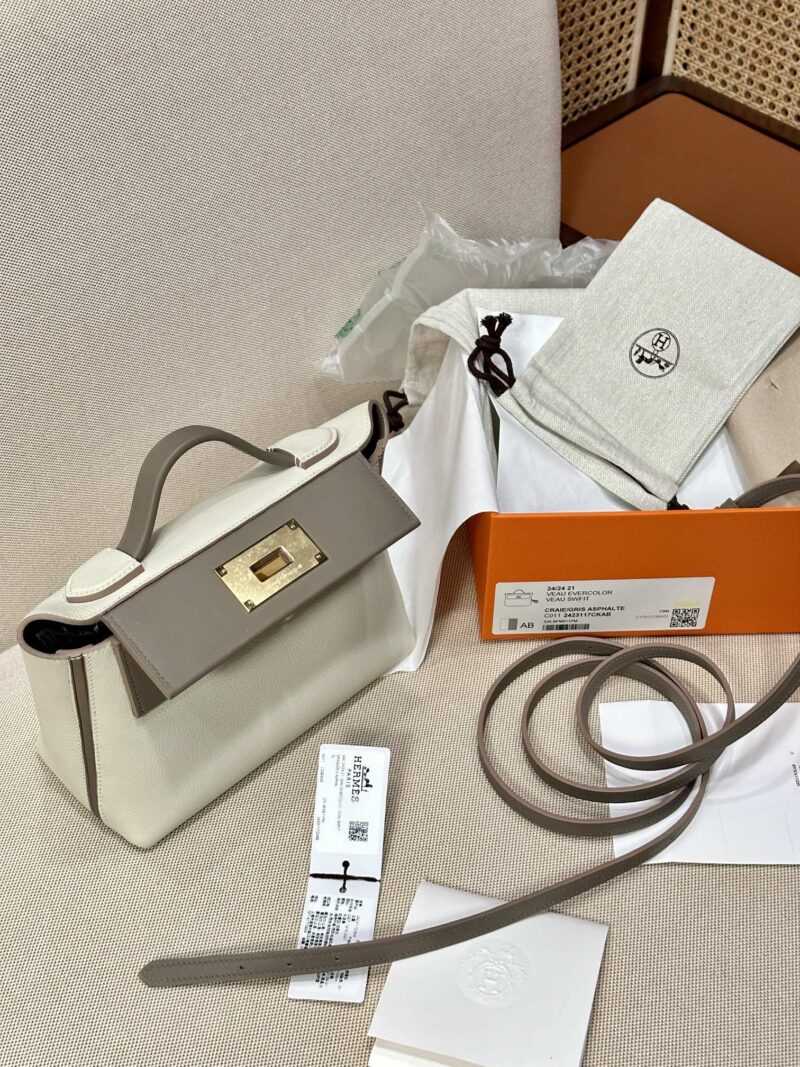 Hermès Mini Kelly 2424 Evercolor & Swift Craie & Gris Asphalt Gold Hardware - Image 5