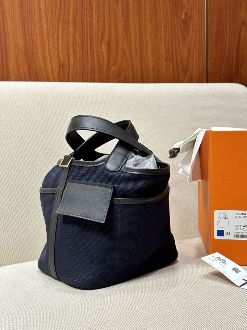 Hermès Picotin Cargo 18 Canvas & Leather Deep Blue & Noir Gold Hardware - Image 4