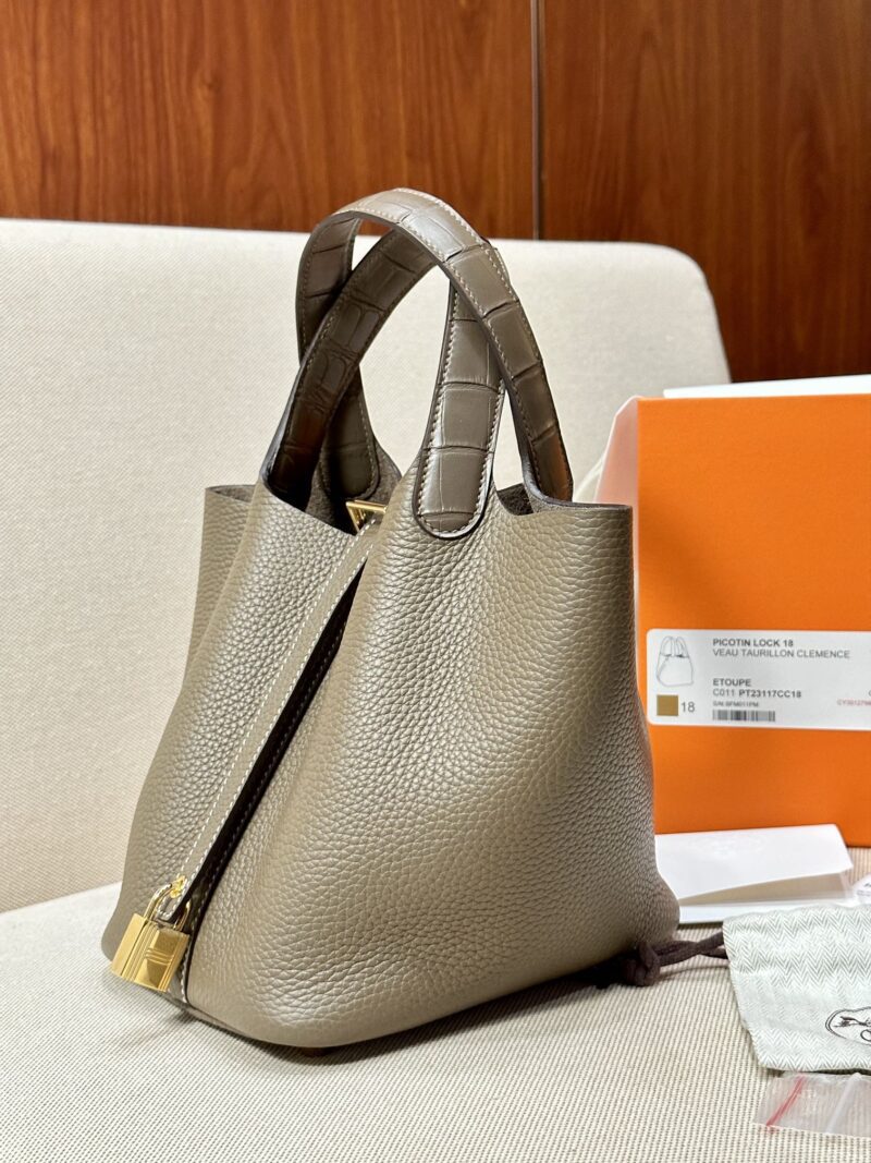 Hermès Picotin Touch 18 Taurillon Clemence & Crocodile Etoupe Gold Hardware - Image 6