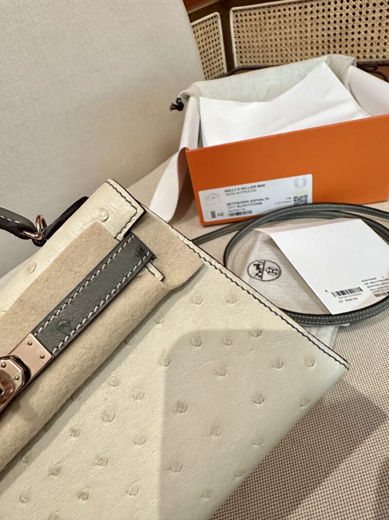 Hermès Mini Kelly 19 Ostrich Beton & Gris Asphalt Gold Hardware - Image 9