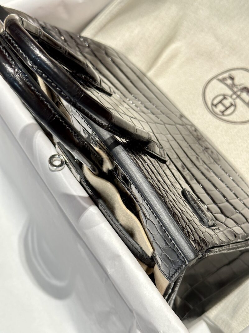 Hermès Birkin 25 Noir, Silver Shiny Crocodile Palladium Hardware - Image 5