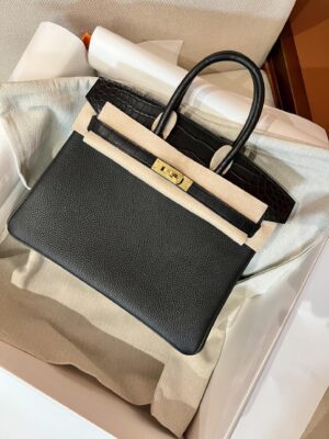 Hermès Birkin 25 Noir Togo, Crocodile Gold Hardware