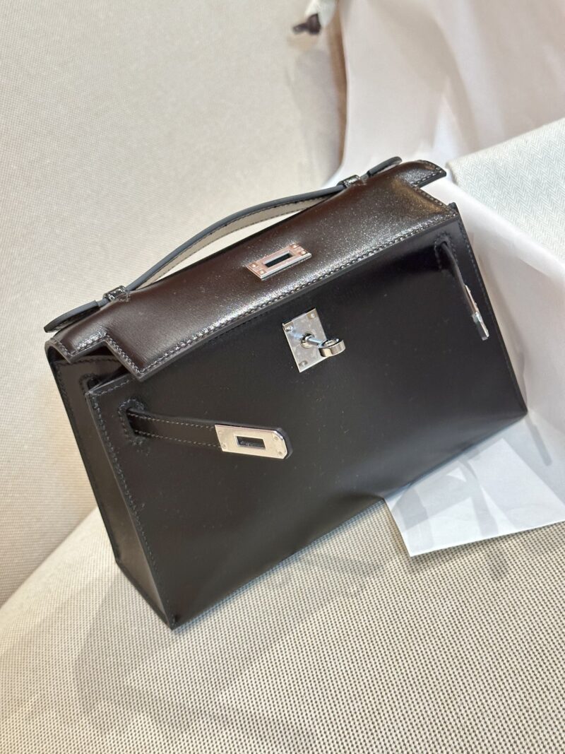 Hermès Kelly Pochette Noir Box Palladium Hardware