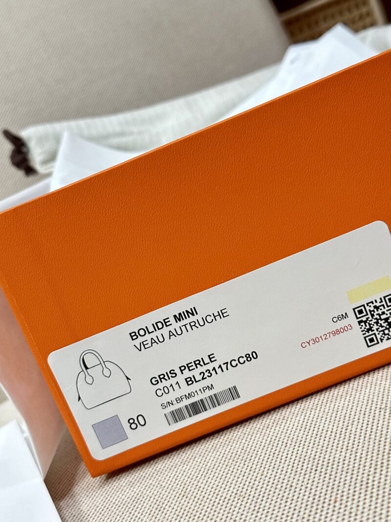 Hermès Mini Bolide 18 Ostrich Gris Pearl Gold Hardware