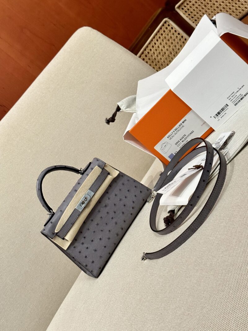 Hermès Mini Kelly 19 Ostrich Gris Agate Silver Hardware - Image 5