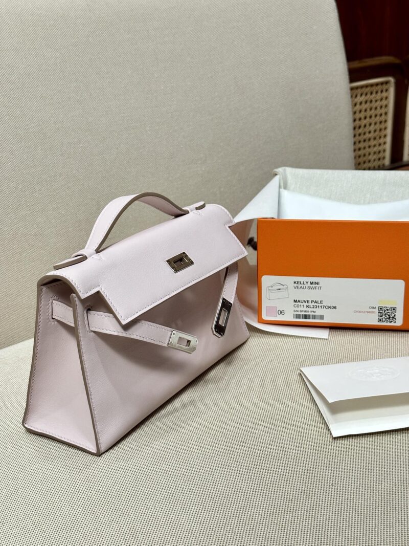 Hermès Kelly Pochette Mauve Pale Swift Palladium Hardware
