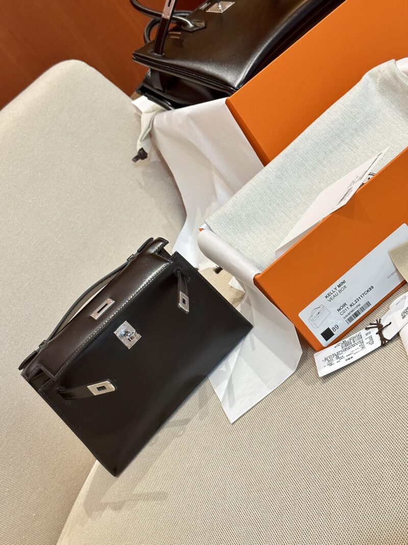 Hermès Kelly Pochette Noir Box Palladium Hardware