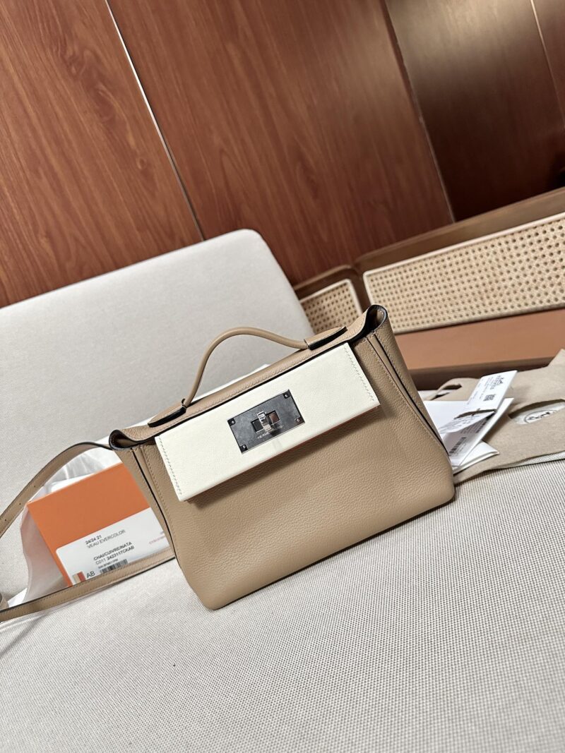 Hermès Mini Kelly 2424 Evercolor & Swift Chai & Nata & Potiron Silver Hardware - Image 3