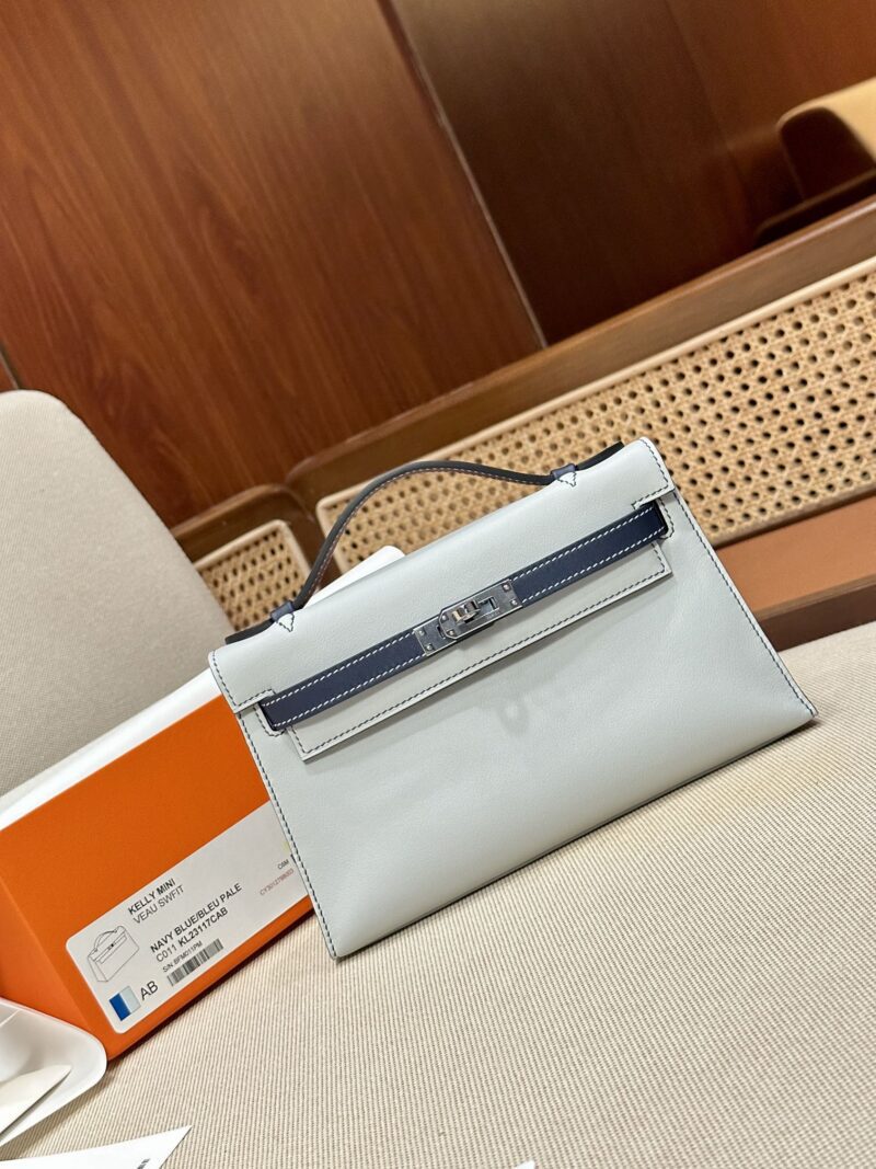 Hermès Kelly Pochette Blue Brume, Blue Navy Swift Palladium Hardware
