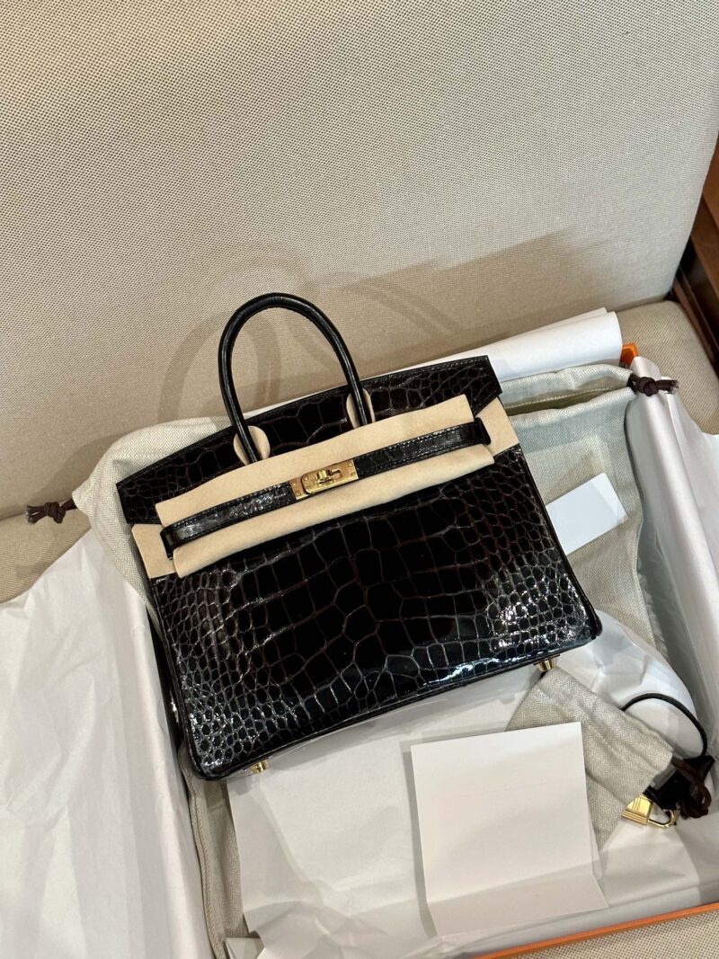 Hermès Birkin 25 Noir, Gold Shiny Crocodile Gold Hardware - Image 14