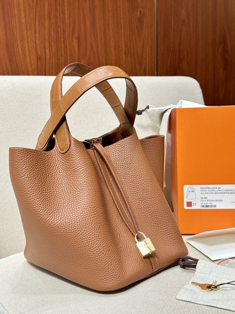 Hermès Picotin 22 Taurillon Clemence & Crocodile Gold Gold Hardware - Image 4