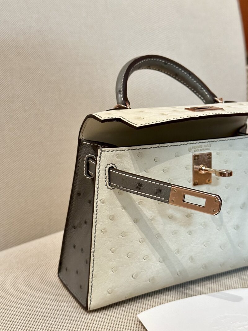 Hermès Mini Kelly 19 Ostrich Beton & Gris Asphalt Gold Hardware - Image 11