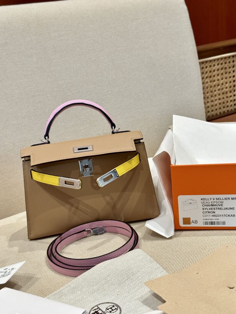 Hermès Mini Kelly Epsom Chai & Mauve Sylvestre & Jaune Citron Silver Hardware - Image 8
