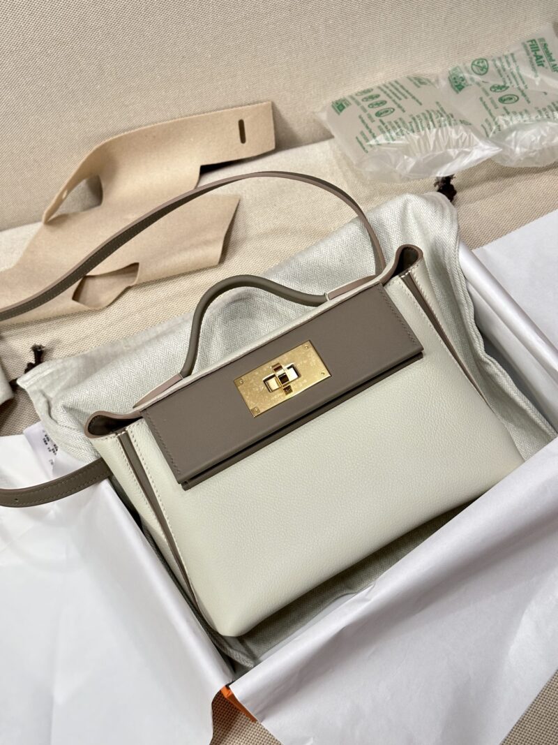 Hermès Mini Kelly 2424 Evercolor & Swift Craie & Gris Asphalt Gold Hardware - Image 3