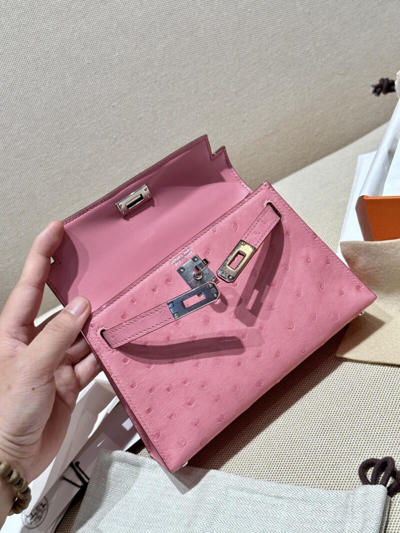 Hermès Mini Kelly Ostrich Rose Bubble Silver Hardware - Image 9