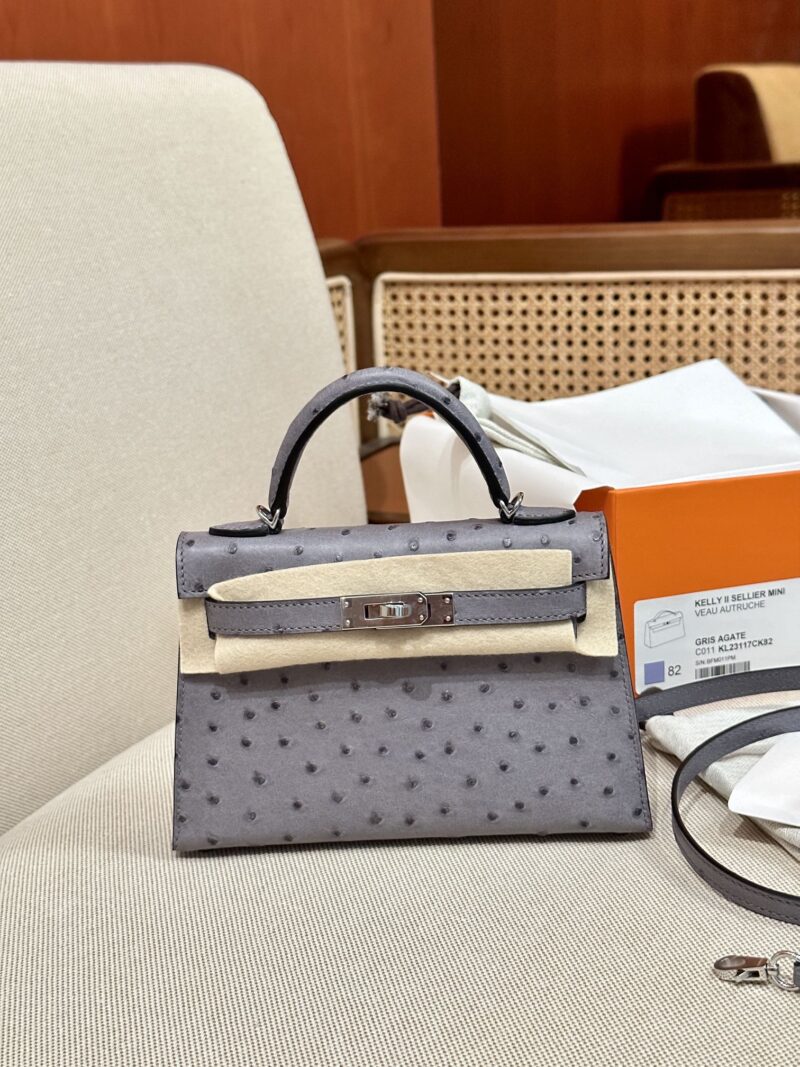 Hermès Mini Kelly 19 Ostrich Gris Agate Silver Hardware - Image 3