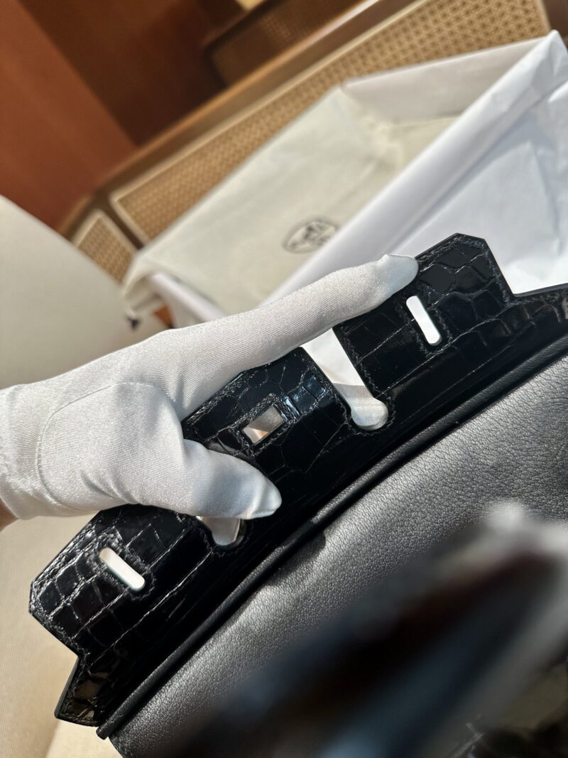 Hermès Birkin 25 Noir, Silver Shiny Crocodile Palladium Hardware - Image 10