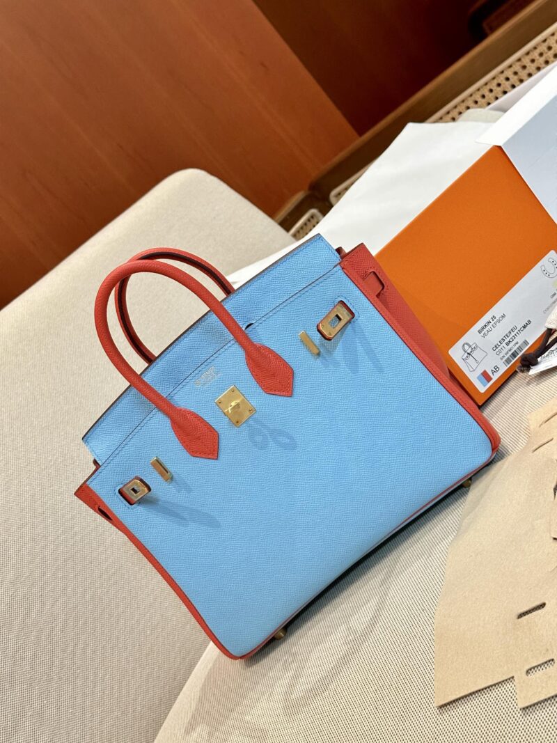 Hermès Birkin 25 Blue Celeste, Feu Orange Epsom Gold Hardware - Image 6