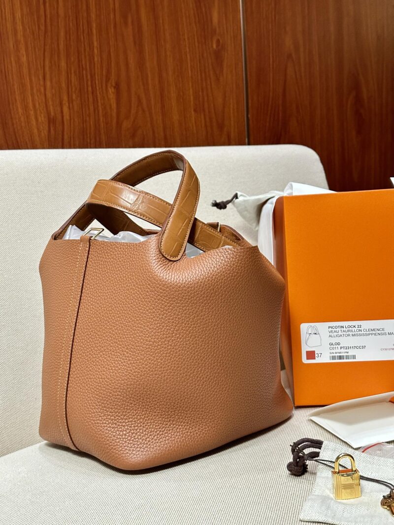 Hermès Picotin 22 Taurillon Clemence & Crocodile Gold Gold Hardware - Image 5