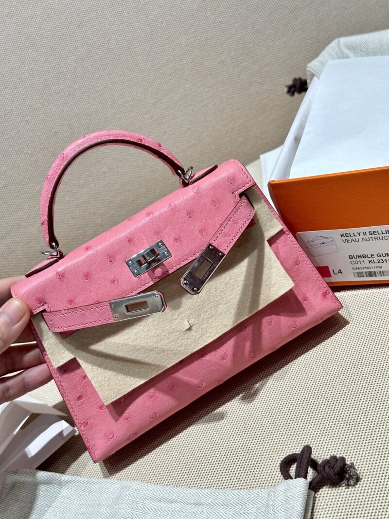 Hermès Mini Kelly Ostrich Rose Bubble Silver Hardware - Image 6