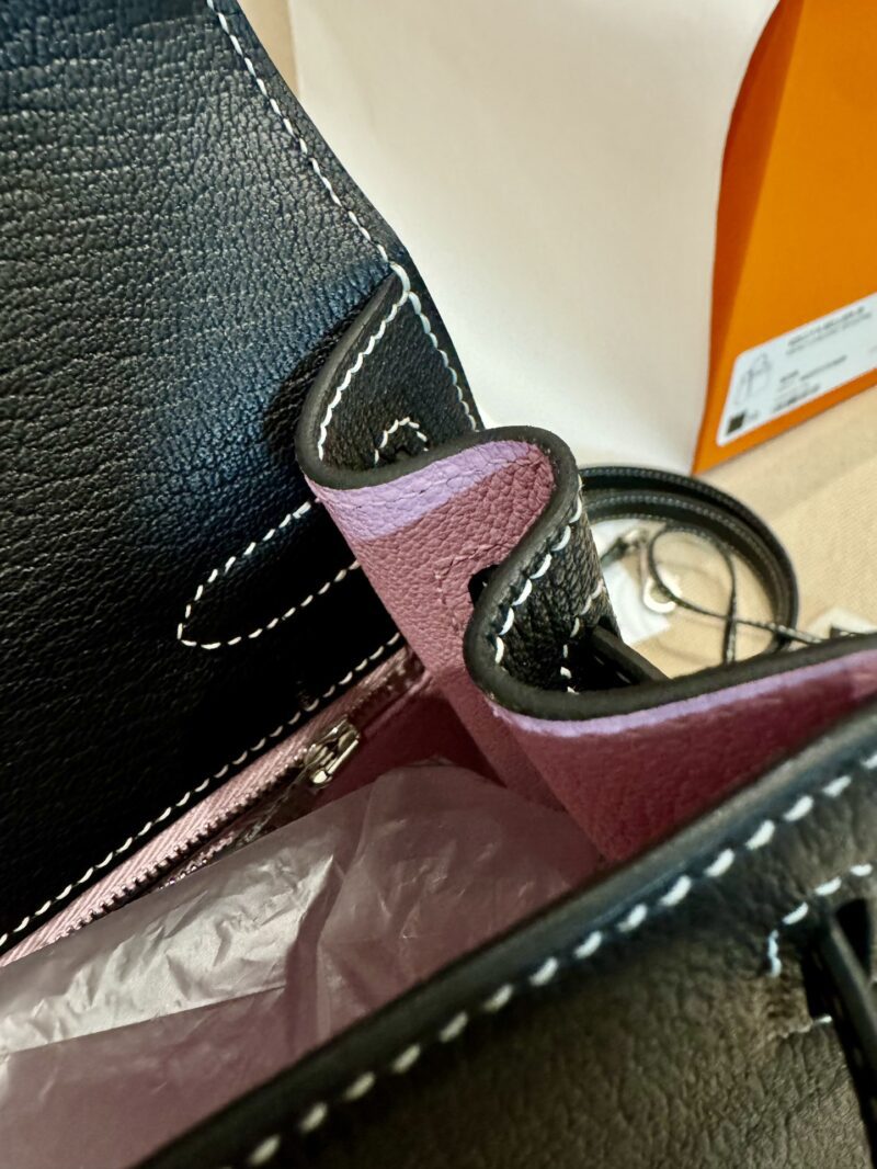 Hermès Kelly 28 Chevre Noir, Mauve Slyvestre Silver Hardware - Image 14
