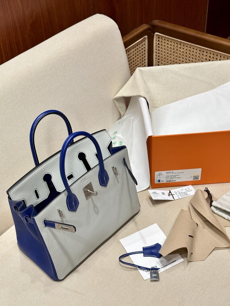 Hermès Birkin 30 Gris Pearl, Blue Electric Chevre Palladium Hardware