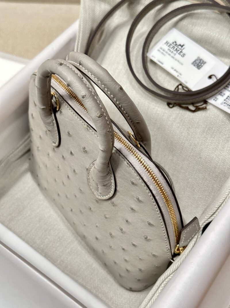 Hermès Mini Bolide 18 Ostrich Gris Pearl Gold Hardware
